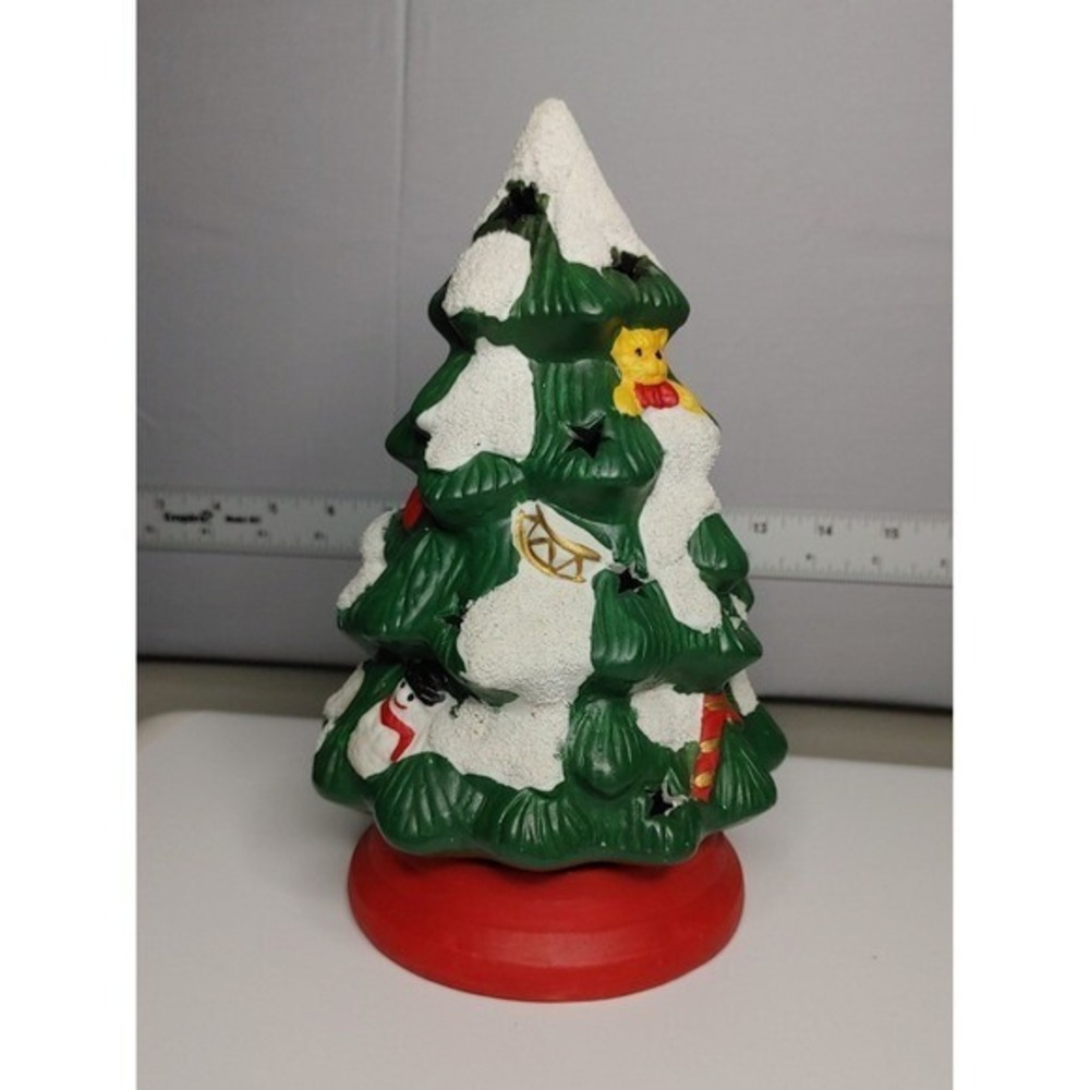 Vtg Ceramic Christmas Tree Votive Luminary Snow Dusted Cutouts Base 8.5"
